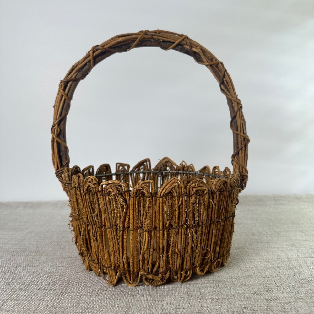 Rustic Handmade Twig Basket with Handle | Woven Gathering Basket | Cottage Decor